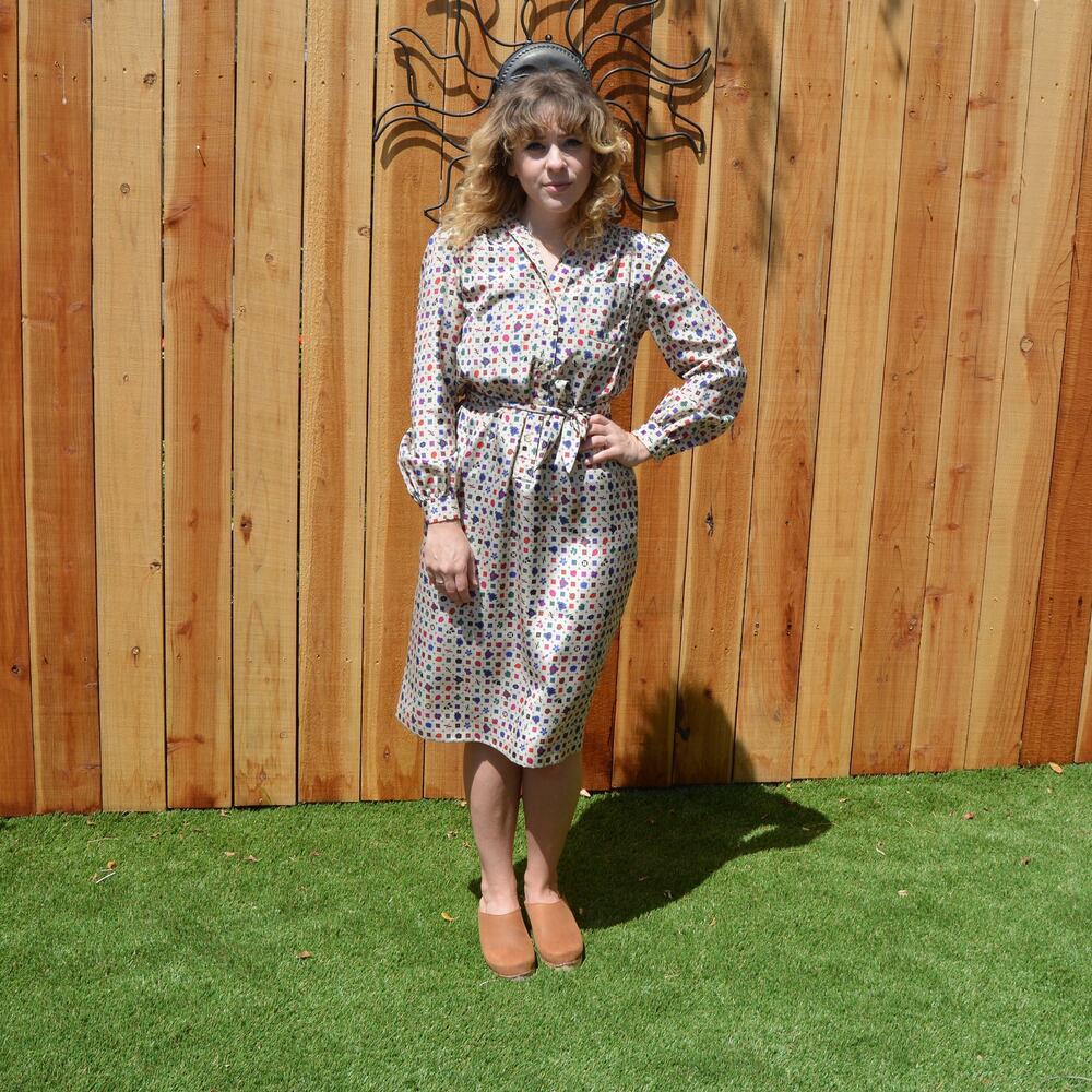 Vintage 1980s Schrader Sport Petites Patterned Long Sleeve Midi Shirt Dress